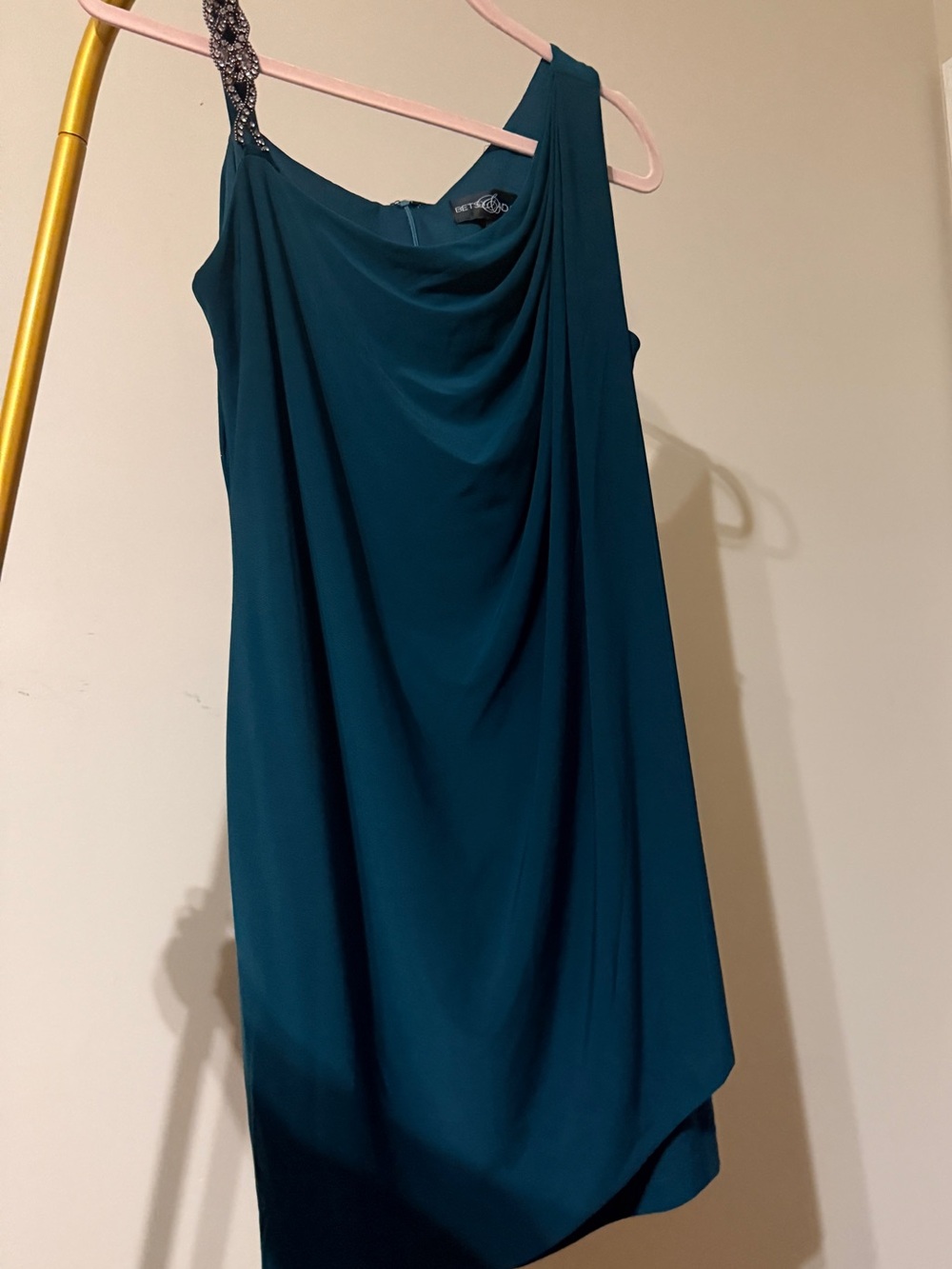 Betsy & Adam Teal One-Shoulder Cocktail Dress with Jeweled Strap